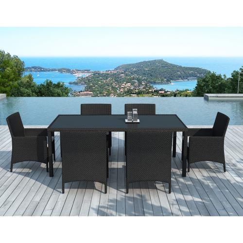 3S. x Home - Table Repas Outdoor + 6 Fauteuils En Résine Tressée Noir ALIA - Ensemble table, chaise