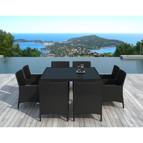 3S. x Home - Table Repas Outdoor + 8 Fauteuils En Résine Tressée Noir MALAGA - Mobilier Deco