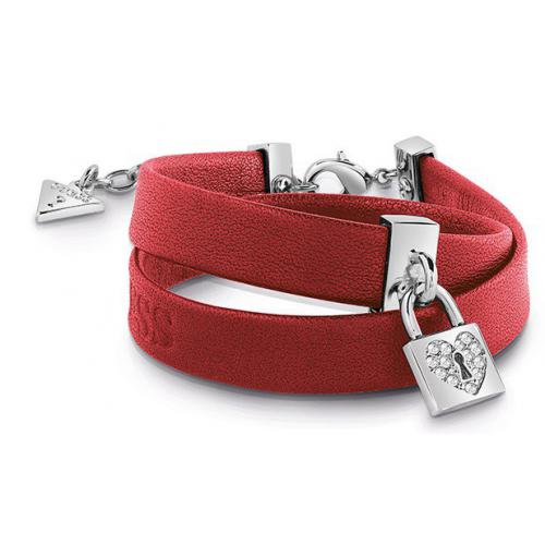 Guess Bijoux - Bracelet Guess UBB85122 - Bracelet Heart Lock Double Tour Cuir rouge Et Pampille Cadenas Pavé - Bracelet femme