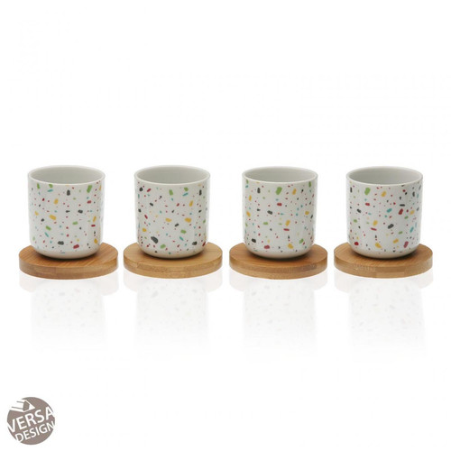 3S. x Home - Set de 4 Tasses à Thé Multicolores avec Socle en Bambou TERRAZZO - Vaisselle du petit déjeuner