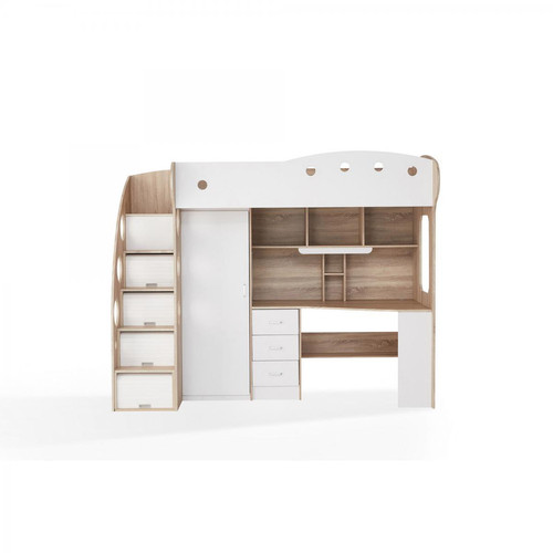 3S. x Home - Lit Combiné avec Bureau et Penderie Intégrés LAVI Blanc et Bois - Lit Design