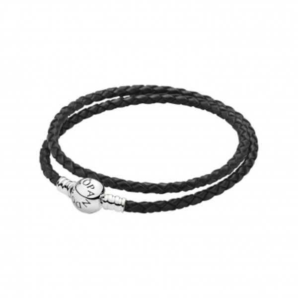 Double Bracelet en Cuir tressé Noir Pandora Bijoux Pandora