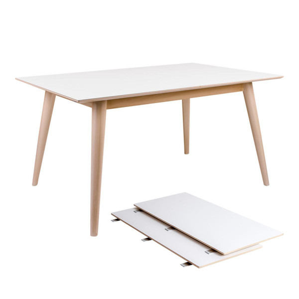 Table à Manger COPENHAGEN Blanc et Pietement Naturel 150/230x95 cm Table salle à manger
