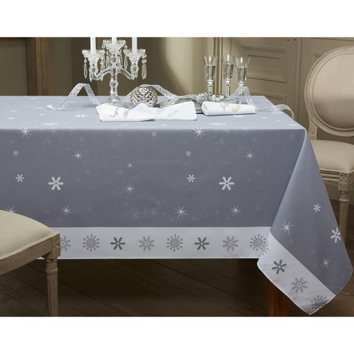 Becquet - Nappe Carrée Rectangulaire Motif Flocons Et Étoiles Gris 150 x 150 cm - Ambiance de Noël