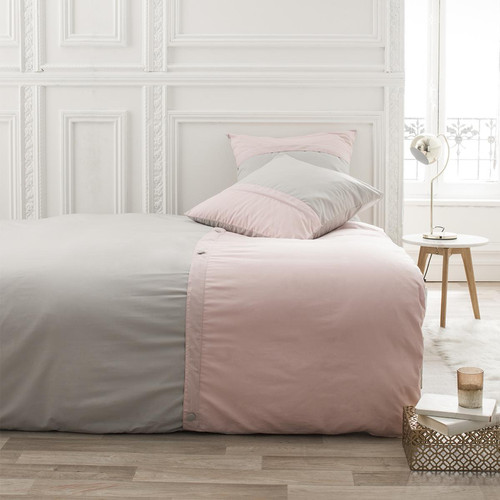 Today - Parure de lit 2 personnes Percale Bicolore Gris Rose PREMIUM - Parures de lit gris