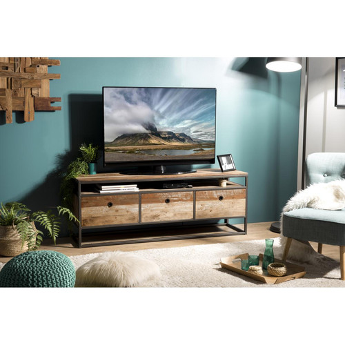 Macabane - Meuble Tv SIXTINE 3 Tiroirs Bois Teck Recyclé Acacia Mahogany Et Métal - Promo Meuble TV Design