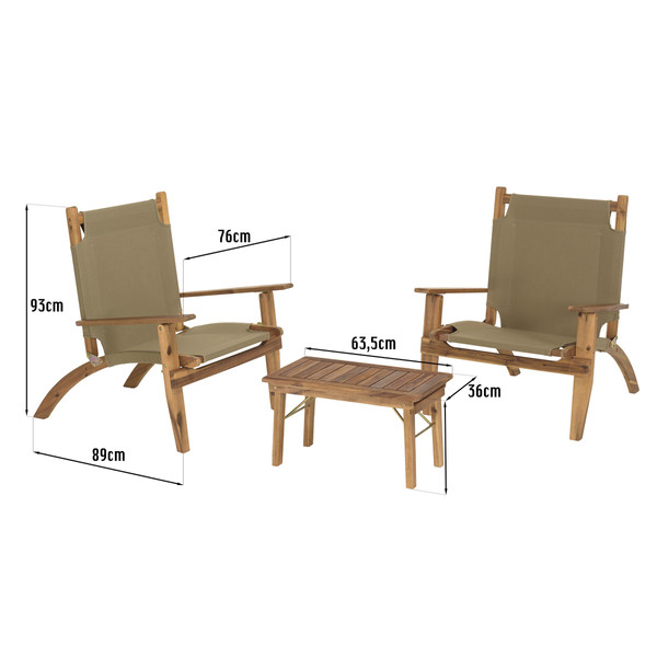 SALON DE JARDIN EN BOIS ACACIA 2 pers - 2 fauteuils et 1 table basse 63,5 x 36 cm Kaki MACABANE Meuble & Déco