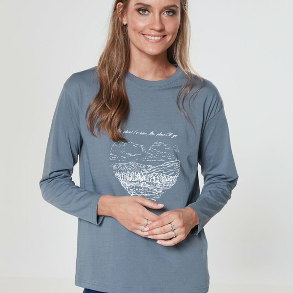 T-shirt manches longues imprimé cœur bleu en coton Venca Mode femme