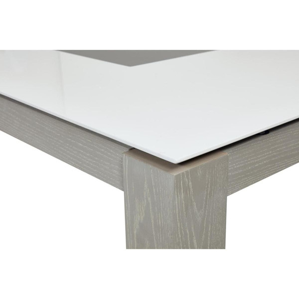 Table de repas avec rallonge, en bois gris, plateau en verre blanc et insert céramique PLYMOUTH 3S. x Home