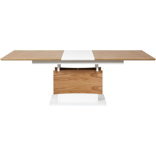 Table de repas avec rallonge ouverture papillon et pied central en bois placage chene et contour en laque blanche LIAGO Blanc et Marron 3S. x Home
