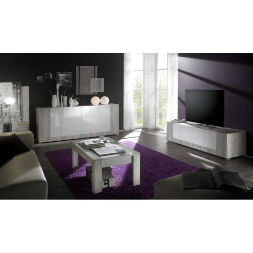 Meuble TV 4 portes laquées avec contour chêne SATURNE Gris et Blanc Blanc 3S. x Home Meuble & Déco