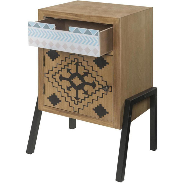 Table de chevet en bois avec imprimes Texan 1 porte 1 tiroir pieds métal MERIDA Marron  3S. x Home