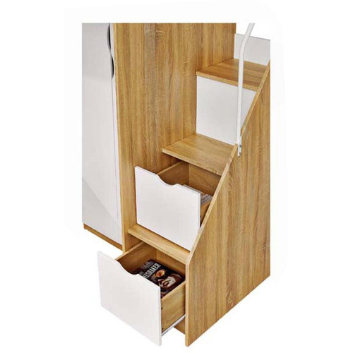 Lit enfant multifonctions avec armoire et escalier intégrés 2 couchages Beige et Blanc  3S. x Home