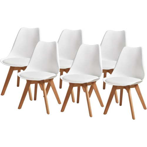 Lot de 6 chaises avec Pieds en Hêtre Naturel et Assiseen Coque PP avec coussin BJORN Blanc  Blanc 3S. x Home Meuble & Déco