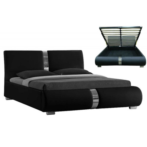 3S. x Home - Lit Coffre Sommier Relevable Noir 160x200cm VITARO - Promo Lit Design