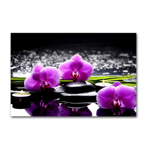3S. x Home - Tableau Zen Orchidée Rose et Bougies Sur Galets L.80 x H.55 cm - Tableau, toile