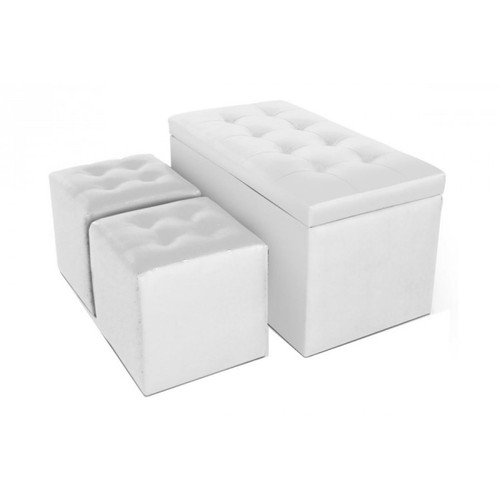 3S. x Home - Banquette Coffre et Ses deux Poufs en simili Blanc Athènes - Sélection meuble & déco Intemporel