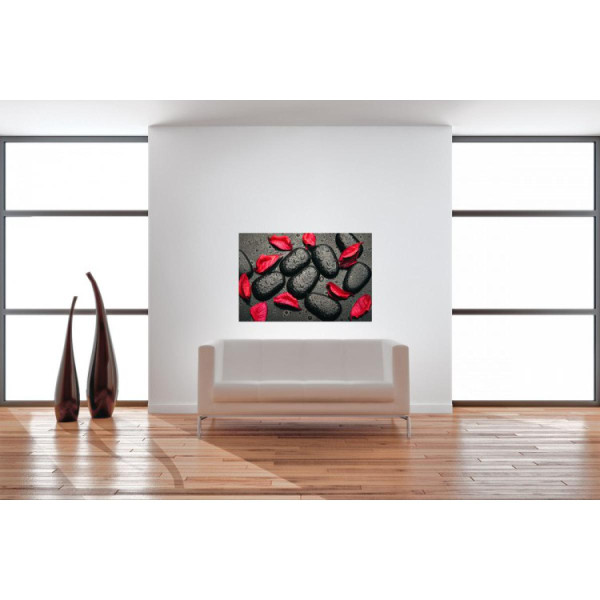 Tableau Zen Galets Noirs et Feuilles Rouges 80  x  55 cm 3S. x Home
