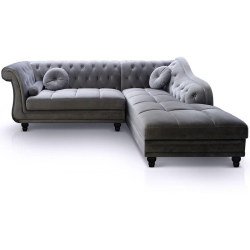 3S. x Home - Canapé d'angle British Velours Argent style Chesterfield DIANA - Canapé d'angle