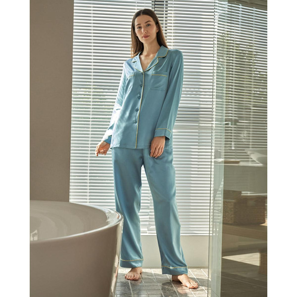22MM Ensemble Pyjama à Passepoil d'Or en Soie bleu LilySilk Mode femme