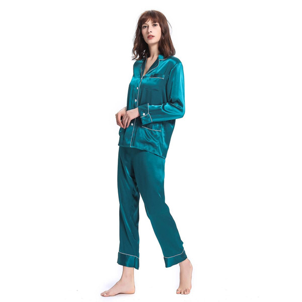 Pyjama en Soie Femme  Liseré Contrastant bleu LilySilk