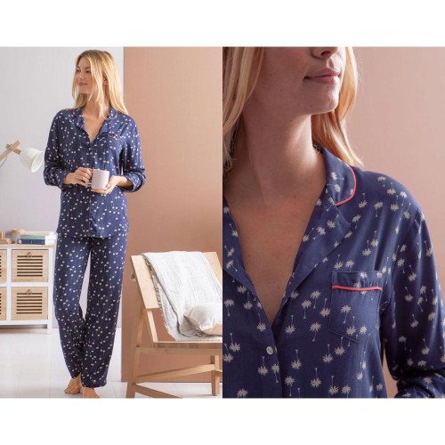 Becquet - Pyjama femme motif palmiers-bleu marine - Homewear et Lingerie de Nuit