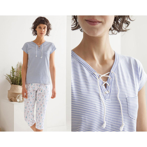 Becquet - Pyjama femme rayures et voiliers - DODO HOMEWEAR-bleu denim - Homewear et Lingerie de Nuit