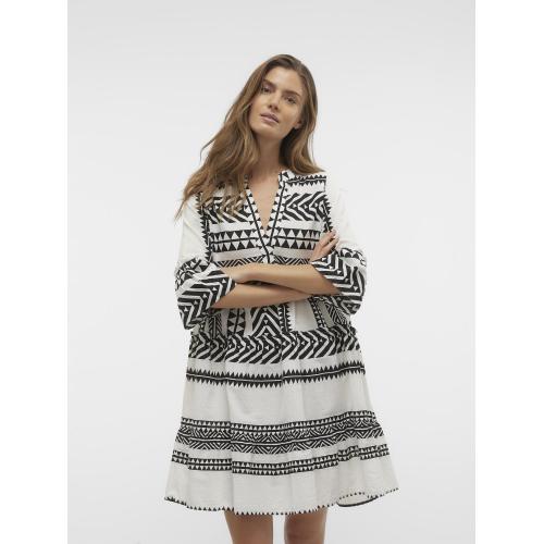 Vero Moda - Robe courte tunique court col en v manches larges manches 3/4 blanc - Nouveautés La mode