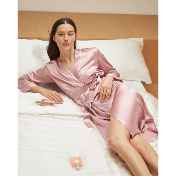 Robe De Chambre Mi longueur 100% Soie Naturelle Classique rose poudre Ensembles et pyjamas femme