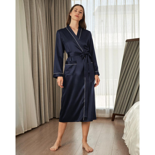 LilySilk - Robe De Chambre Longue En Soie Bordure Contraste  - Pyjamas femme et lingerie de nuit