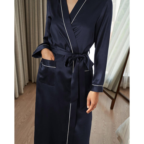 Robe De Chambre Longue En Soie Bordure Contraste bleu marine Ensembles et pyjamas femme