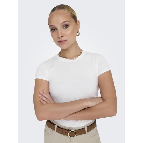 T-shirt tight fit col rond manches courtes blanc en coton Tia Only