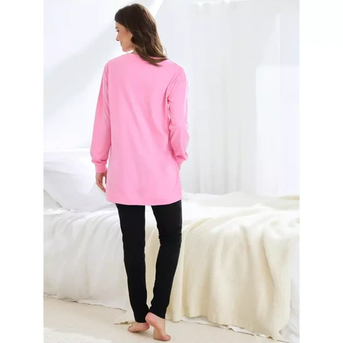 Pyjama 2 pièces : T-shirt à manches longues + pantalon rose en coton Ensembles et pyjamas femme