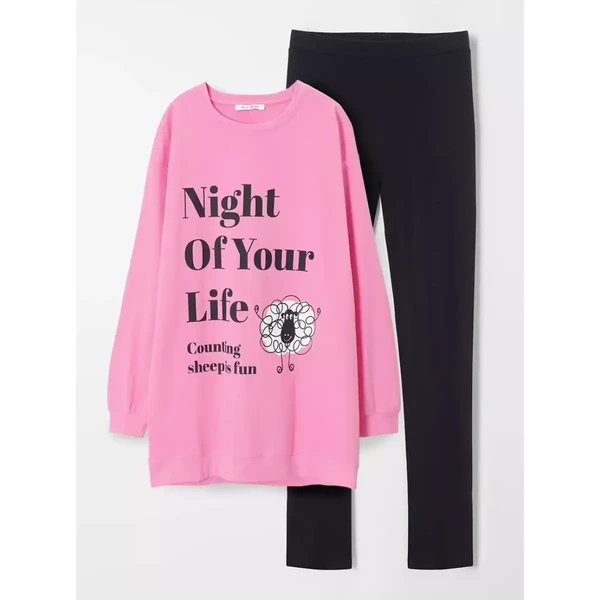 Pyjama 2 pièces : T-shirt à manches longues + pantalon rose en coton Venca Mode femme