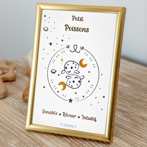 Tom & Mila - Carte Astro Petit avec enveloppe et blister et cadre doré Poisson - Décoration enfant
