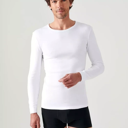 Damart - Tee-shirt manches longues col rond en mailles blanc - T-shirt / Polo homme