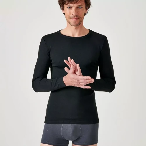 Damart - Tee-shirt manches longues col rond en maille noir - T-shirt / Polo homme