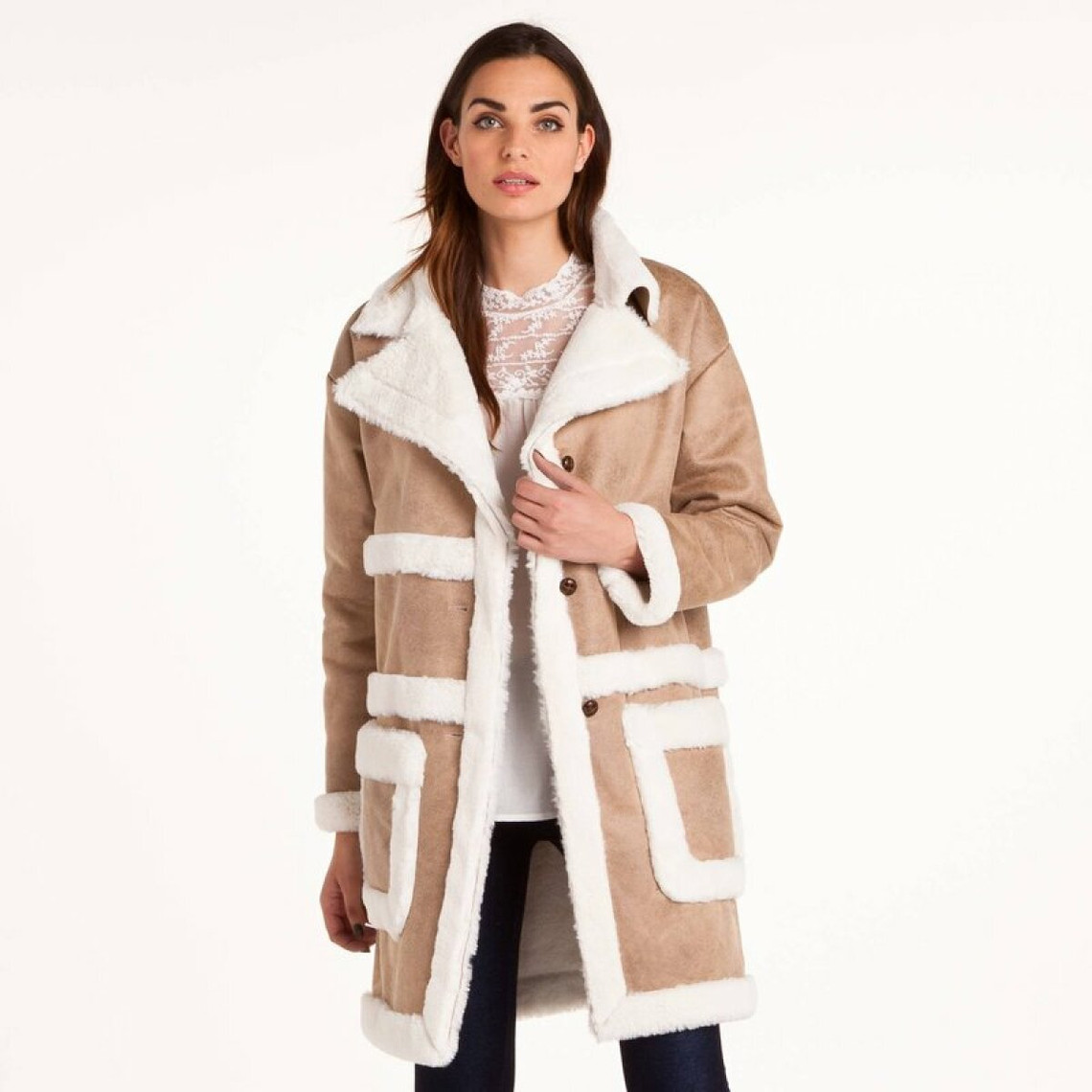 Manteau peau lainée femme 3 SUISSES Collection - Blanc beige en laine