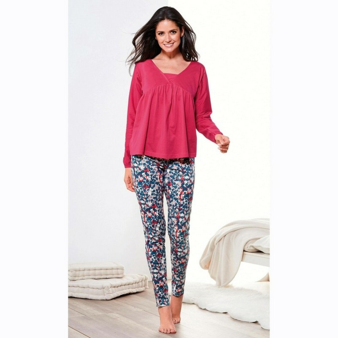 Pyjama manches longues pantalon imprimé femme - Imprimé Rouge en coton