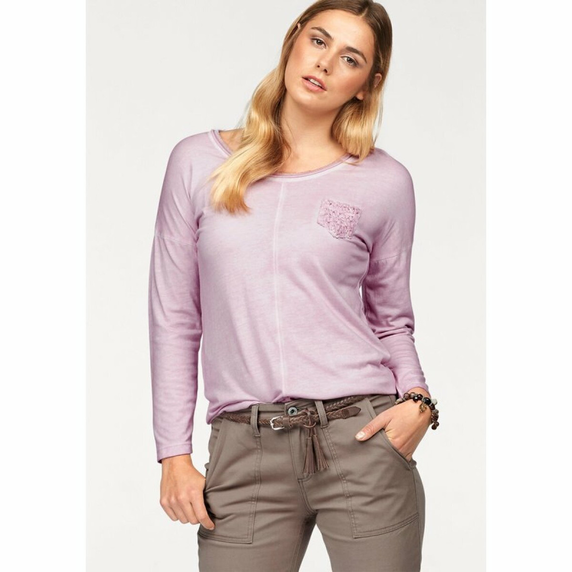 t-shirt col rond manches longues poche en dentelle femme boysen's violet