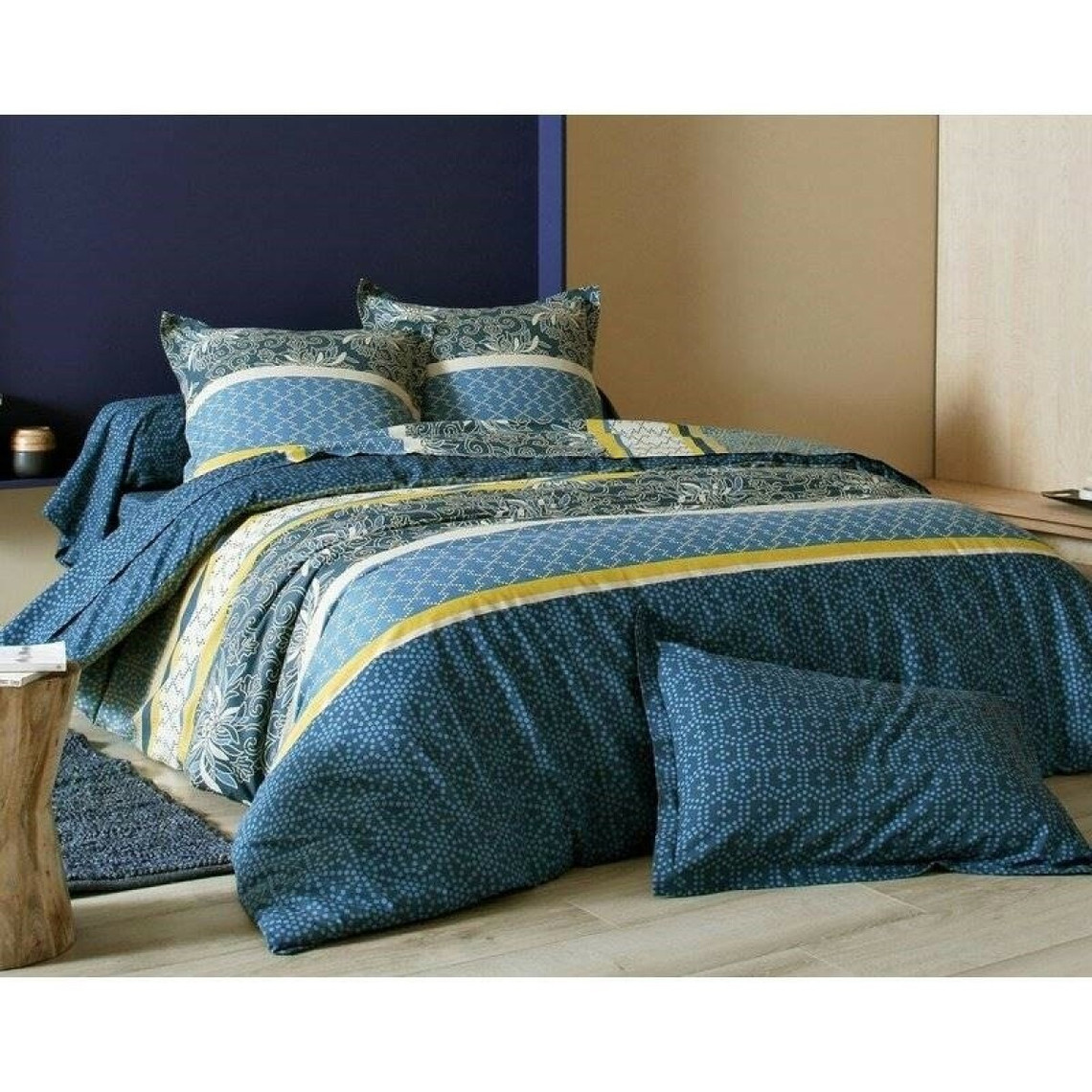 Taie d'oreiller ou de traversin rayures et petits motifs variés Becquet - Bleu