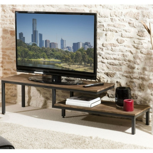 Macabane - Meuble TV avec 2 tablettes en teck recyclé et pieds en métal  - Meuble TV Design