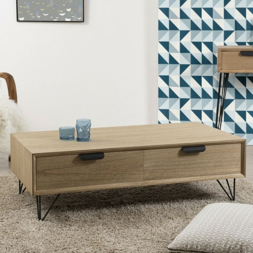 Macabane - Table basse rectangulaire 4 tiroirs pieds épingle en métal - Marron - Table Basse Design