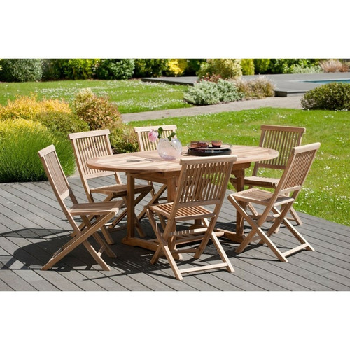 Macabane - Ensemble table ovale extensible + 6 chaises pliantes en teck massif Java - Le jardin