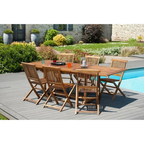 Macabane - Ensemble table rectangulaire extensible + 6 chaises pliantes en teck huilé Java - Teck - Le jardin