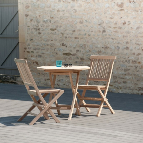 SALON DE JARDIN EN BOIS TECK 2 personnes - Ensemble de jardin - 1 Table ronde pliante 80 cm et 2 chaises MACABANE