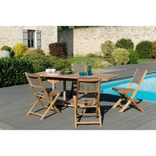 Macabane - Ensemble table rectangulaire extensible + chaises pliantes en teck massif et textile - Teck - Table De Jardin Design