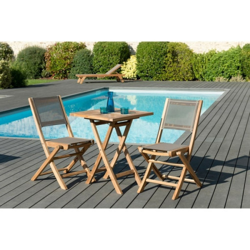 Macabane - Ensemble table carrée pliante 60 cm + 2 chaises pliantes en teck massif et textile - Teck - Table De Jardin Design