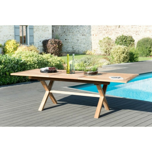 Table de jardin 8/10 personnes - rectangulaire pieds croisés extensible 180/240x100 cm en bois Teck MACABANE
