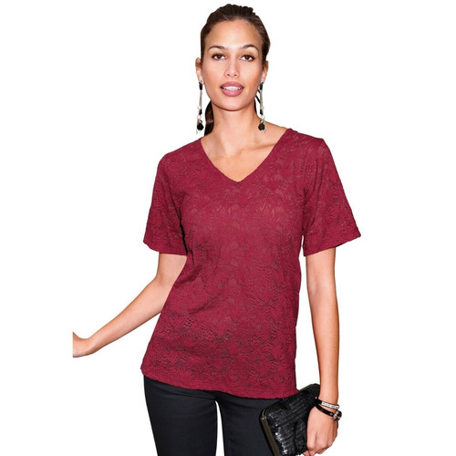 Venca - T-shirt en dentelle semi-transparente Rouge - T shirt femme col v